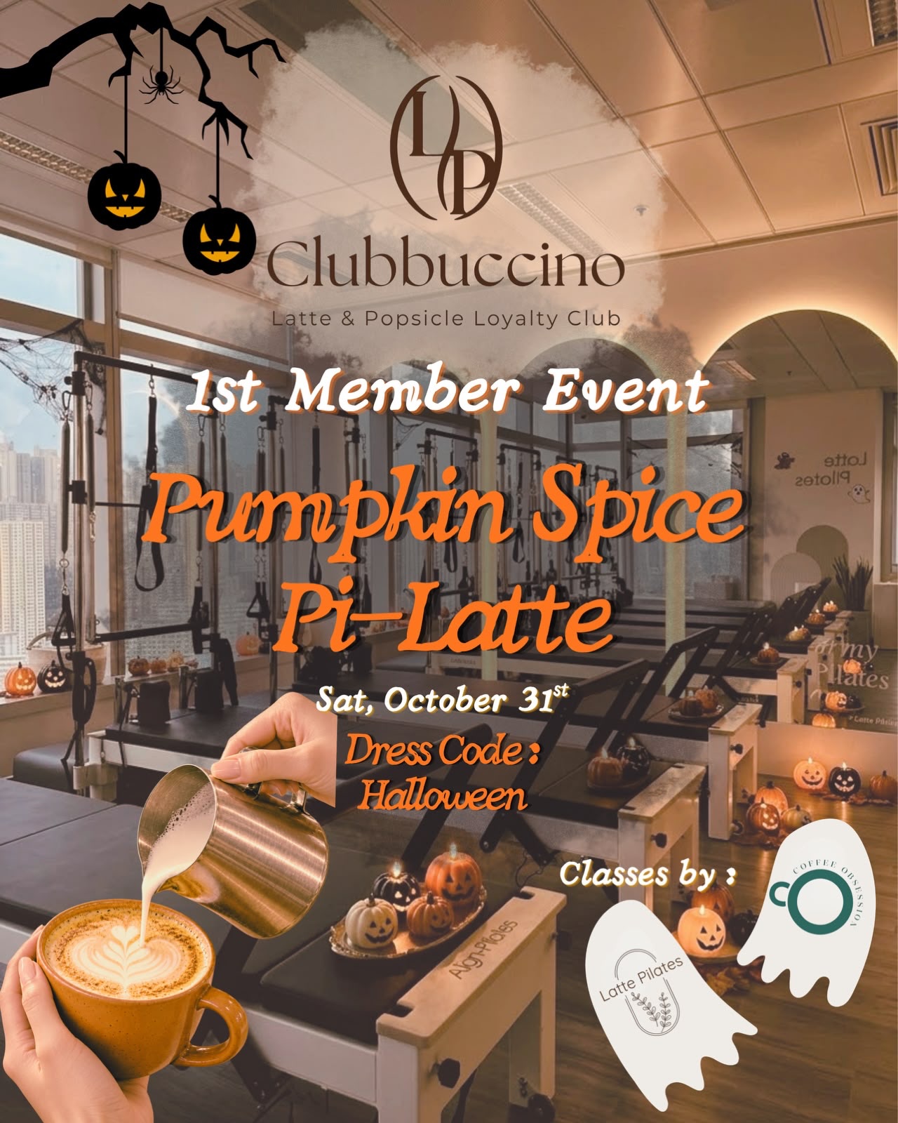 Halloween event with member-exclusive pricing: Diamond free, Gold 50% off (HK$190), Silver 30% off (HK$266). Includes Reformer Pilates + latte art workshop.