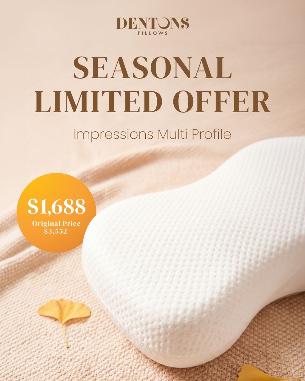 換季限定優惠：Impressions Multi Profile 枕頭原價 HK$3,552，限時優惠價 HK$1,688，約 52% 折扣。