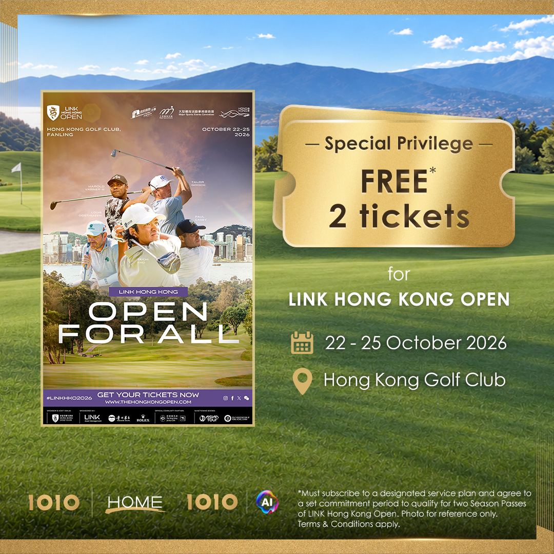 Renew designated 1O1O 5G premium service to get 2 free 4-day passes to Hong Kong Open Golf 2026 (value HK$600). At event venue, claim free Now TV Now Golf 3-month pass or Japan…