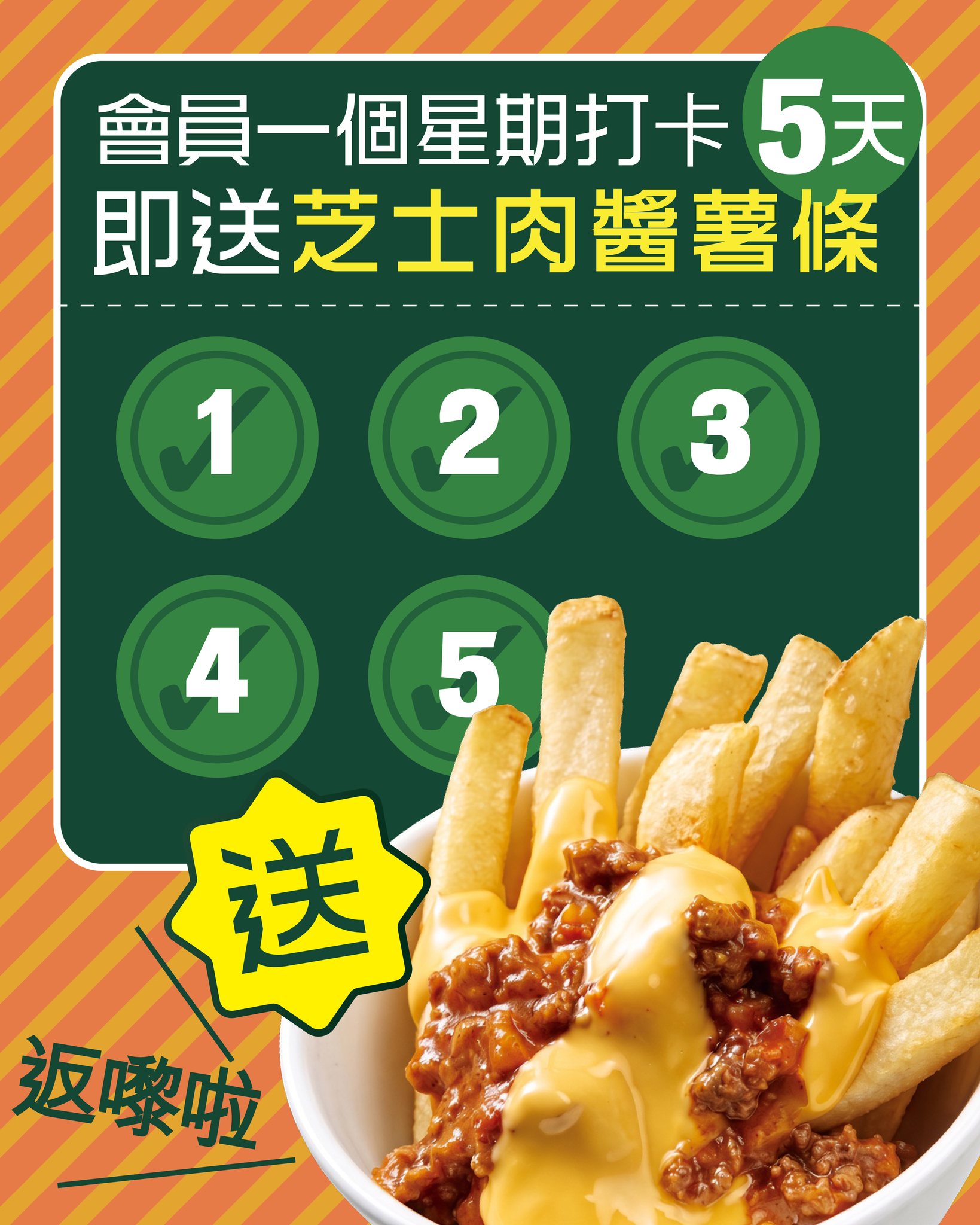 Free French Fries with Cheese Sauce and Bolognaise for members who check in 5 days via app within a week.