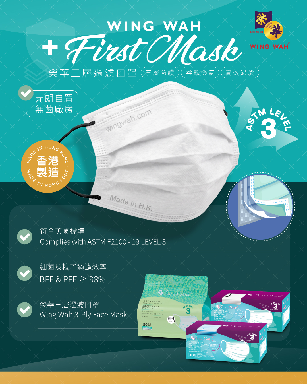 30-pack masks HK$30 (61% off), 50-pack masks HK$40 (63% off). Hong Kong-made, triple-layer certified protection.