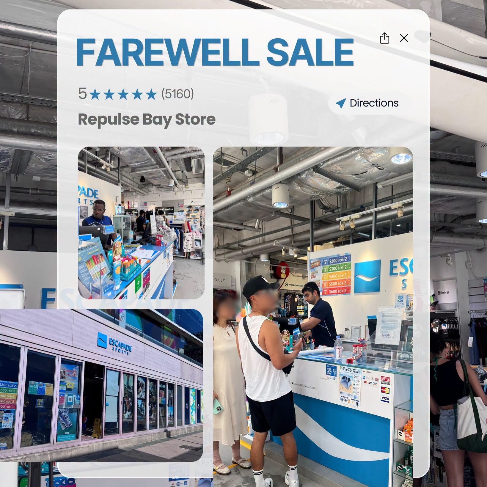 escapade — Up to 90% off storewide at Escapade Sports Repulse Bay store closing sale, plus exclusive gift with purchase.