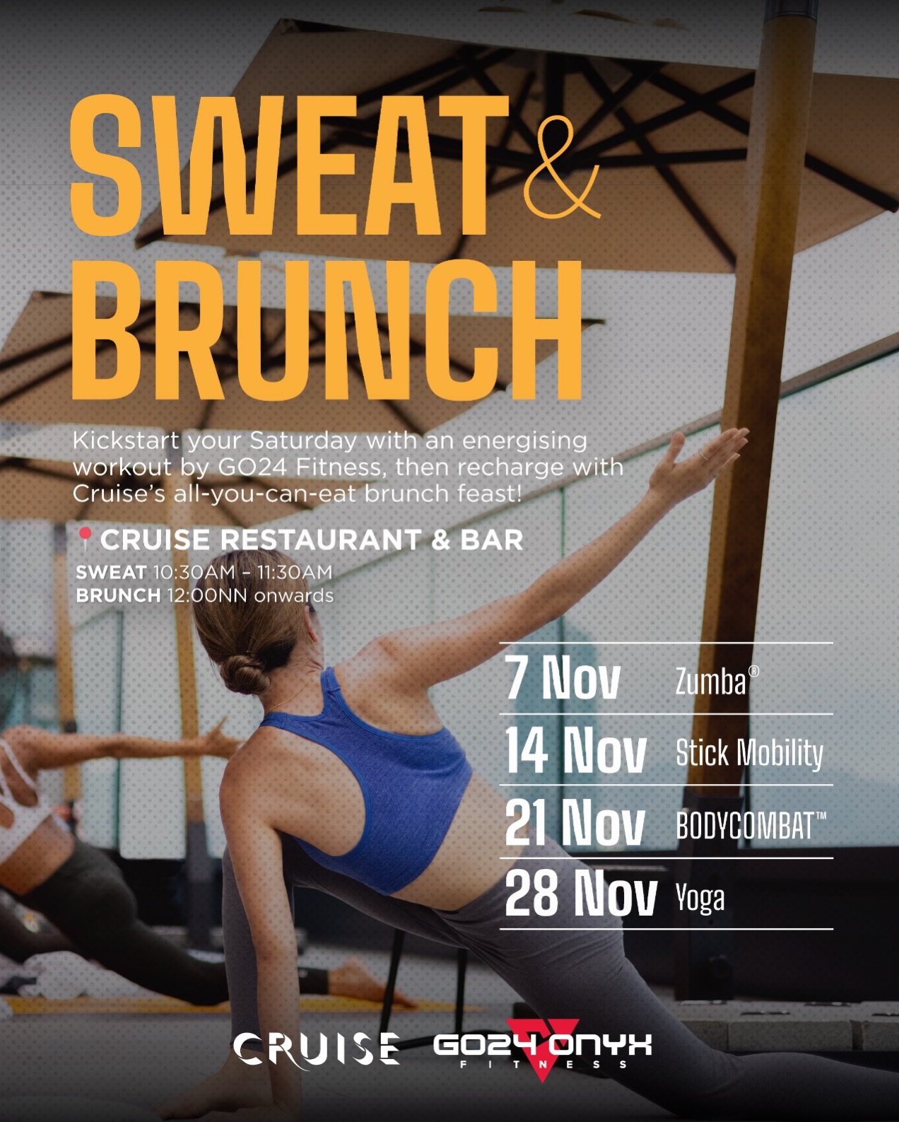 HK$518+ per person includes 60-min fitness class, 120-min all-you-can-eat brunch, plus complimentary gym pass worth up to HK$225.