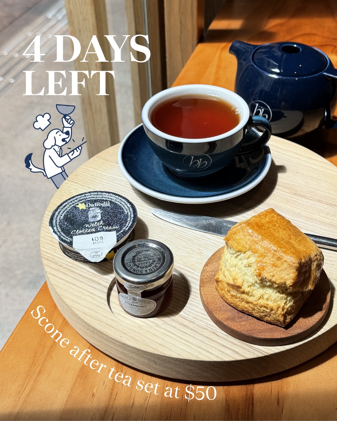 Scone & Daily Brew Set for HK$50 including scone with cream or jam plus choice of beverage.