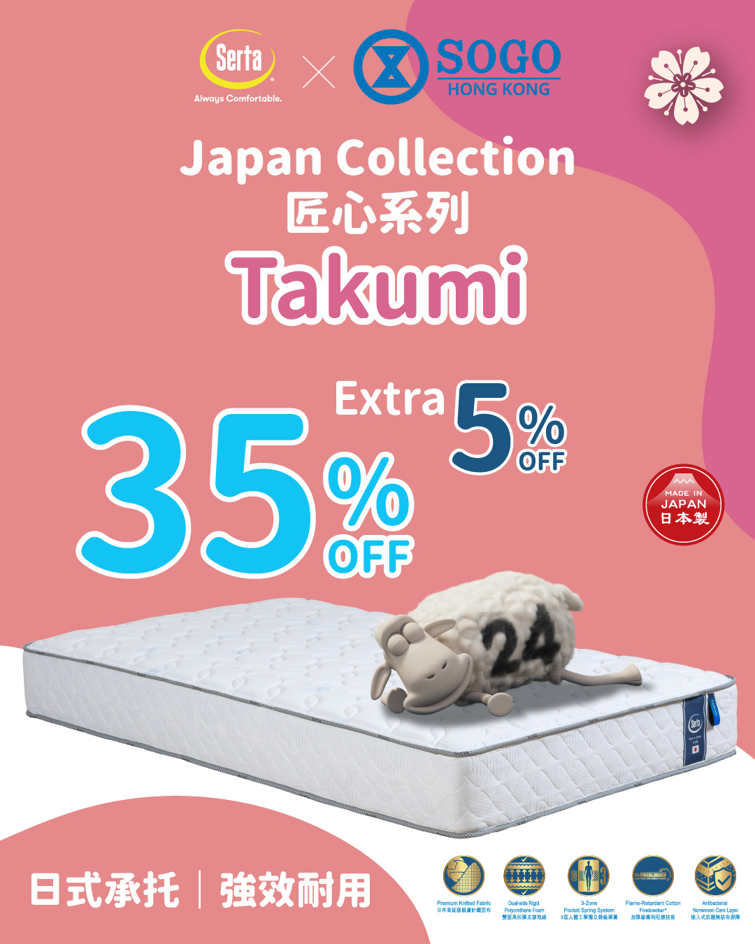 SOGO — Takumi beds 35% off + extra 5% off; New Brighton 50% off. Free luxury bedding bundle (up to HK$6,000 value) with minimum spend.