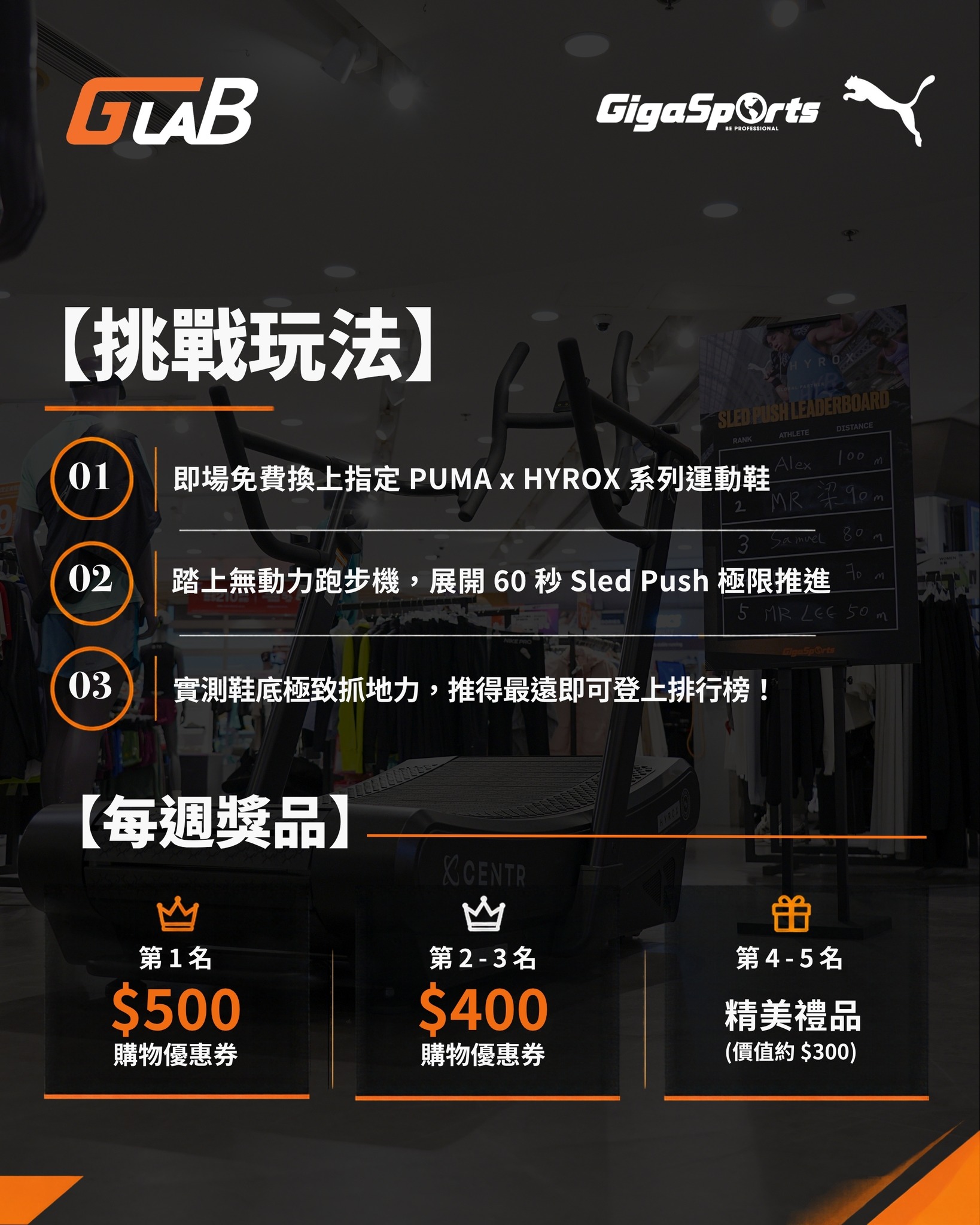 GigaSports — Win weekly prizes including HK$500 shopping vouchers and gifts by competing in a sled push challenge at GigaSports.