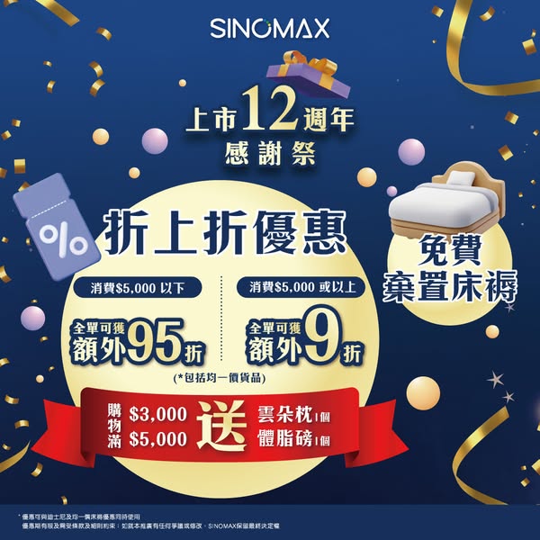 sinomax: Tiered discounts up to 10% off plus free gifts with purchase thresholds