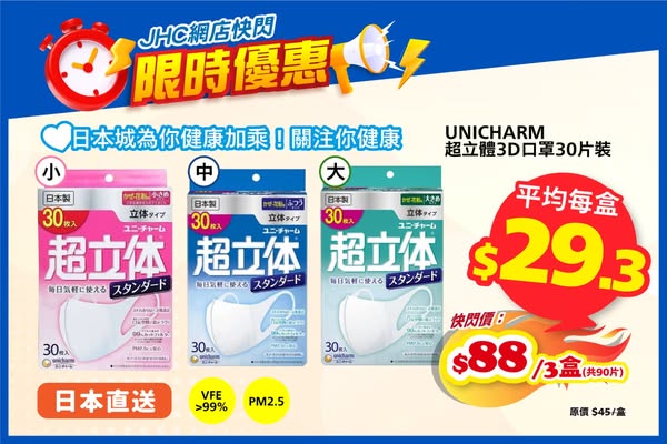 Japan Home Centre: Japanese UNICHARM 3D masks 3 boxes for HK$88, average HK$29.3 per box