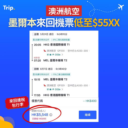 Trip.com: Melbourne return flights from HK$55XX with HK$400 discount code. Includes 30kg…