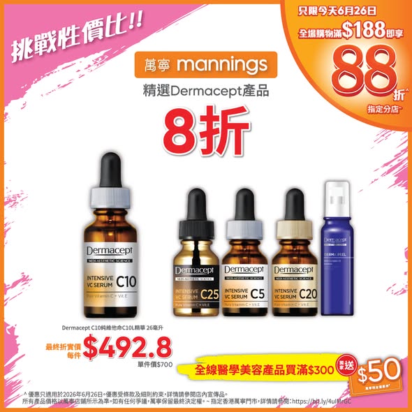 Mannings — Multiple tiered discounts on beauty products: 88% off with HK$188+ purchase, HK$50 voucher with HK$300+ medical beauty spend, plus brand-specific deals (La Roche-Posay HK$100 off HK$550+, Avène 20% off or BOGO).