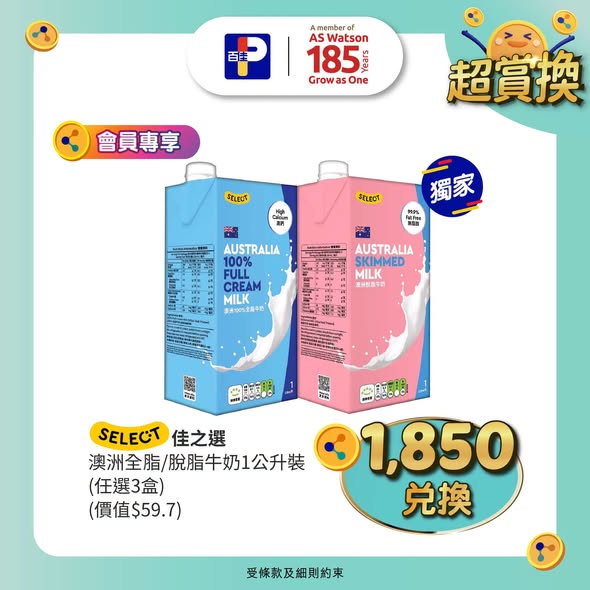 Park'n'Shop — MoneyBack members redeem points (from HK$3.7 / 185 points) for free products including snacks, tomato paste, and milk.