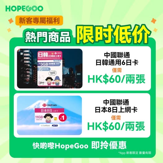 hopegoohk: New customers get HK$60 off when purchasing two SIM cards. Limited slots…