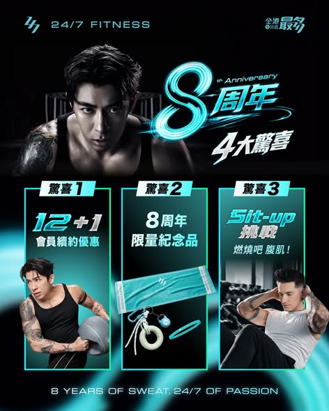 24/7 fitness: 8th anniversary member celebration with contract renewal bonus month, limited…