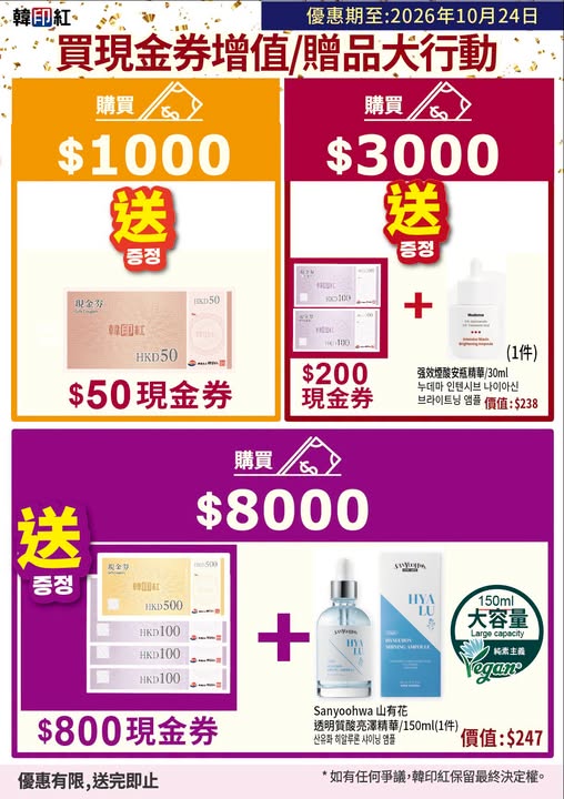 購買現金券送額外現金券及韓國護膚品禮物。最高送$800現金券加總值$1047的禮品。
