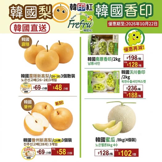 Korean fruits at discounted prices: pears from HK$48, grapes from HK$128, melons from HK$102 per unit.