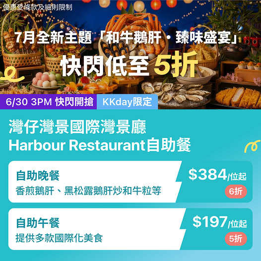 自助午餐買1送1折後$263/位起，自助晚餐買1送1折後$473/位起。另設晚餐連池畔健身通行證，2成人1小童折後$371/位起（65折即35%折扣）。