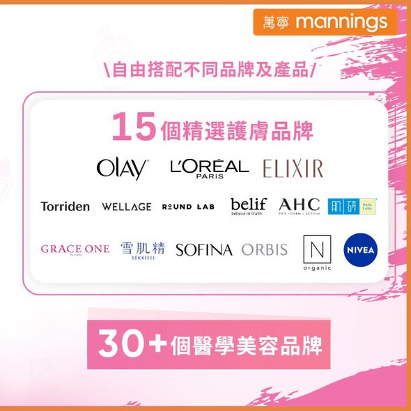 Mannings — Multiple skincare offers: spend HK$288 get HK$100 voucher; selected brands BOGO, 25-10% off; free gifts with purchase thresholds.