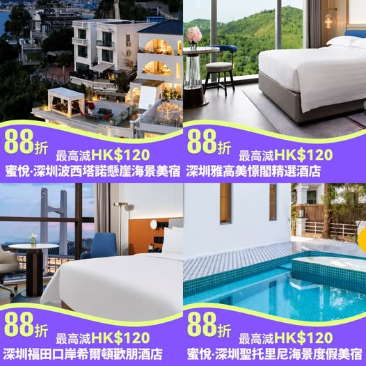 Stack multiple coupons: HK$200 off, 12% off Guangdong hotels (max HK$120 savings), plus HK$300 G-Coin and transport discounts for new/returning customers.