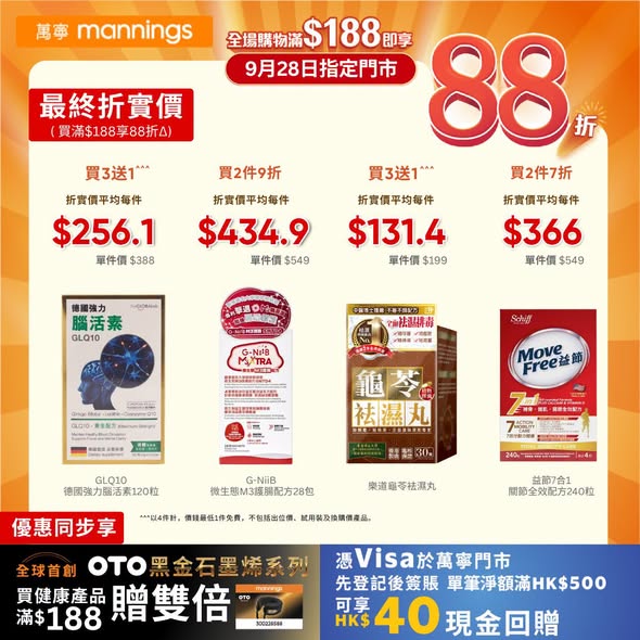 Spend HK$188+ on 28 Sep for 12% off storewide. Additional multibuy offers: buy 2-3 get discounts or free items on selected health, beauty, and personal care products.