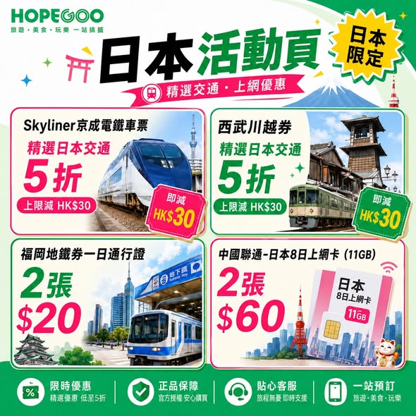 hopegoohk — Multiple travel deals: Hong Kong food vouchers up to 50% off, Japan transport & SIM cards up to 50% off, Thailand attractions up to HK$30 off. Limited quantities, first-come-first-served.
