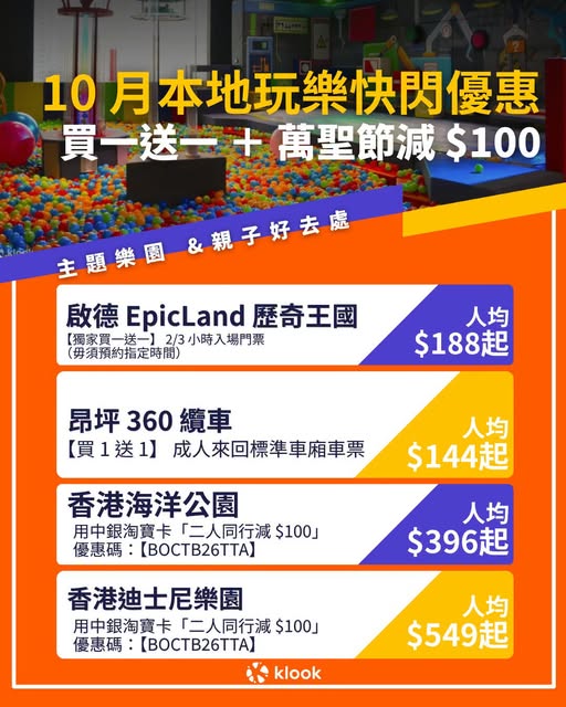 10月快閃優惠：啟德EpicLand及昂坪360買一送一；用中銀淘寶卡於海洋公園及迪士尼樂園享萬聖節二人同行減$100優惠。