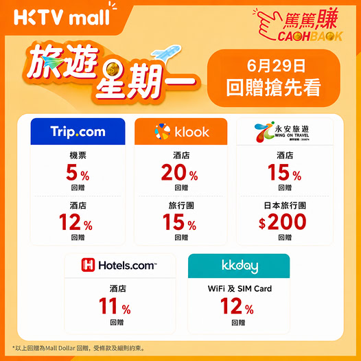 HKTVMall: Travel Monday cashback rewards: 5-20% Mall Dollar cashback on flights, hotels…