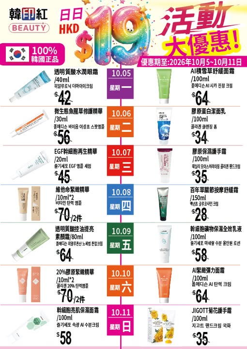 Selected Korean beauty products at HK$19 per item during designated weekly promotion period.