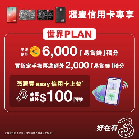 HSBC credit card holders get up to 6,000 MoneyBack points (HK$120 value) plus additional 2,000 points with phone purchase, plus HK$100 monthly fee rebate.