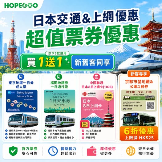 hopegoohk: Buy 1 get 1 free on Japan travel bundles (metro passes + SIM cards). New…