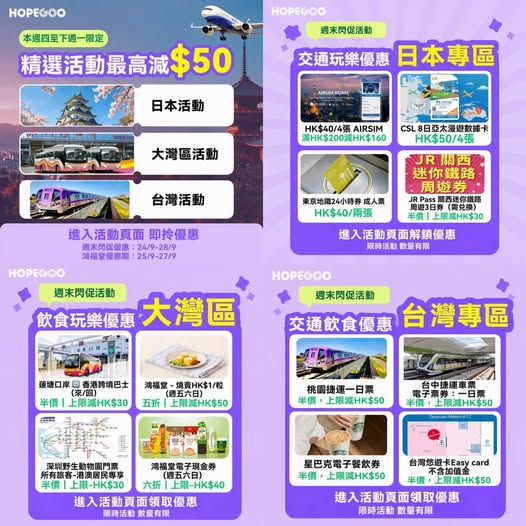 多項旅遊優惠，包括交通卡及車票半價優惠（最高減HK$50），部分地鐵票買一送一，及流動卡優惠。會員可用優惠碼領coins。