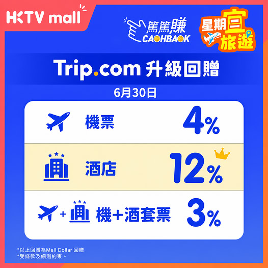 HKTVMall: Earn up to 12% Mall Dollar cashback on Trip.com bookings via HKTVmall on June…
