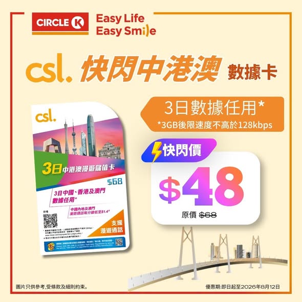 Circle K — csl. prepaid data cards at discounted prices: 4G local card 61% off at HK$38, 3-day roaming card 29% off at HK$48 plus HK$20 credit.