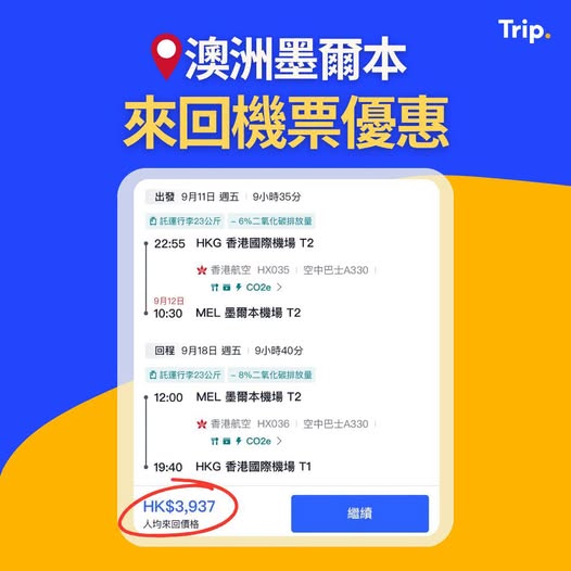 Trip.com: Round-trip flights to Melbourne from HK$3,937 with tax and luggage included…