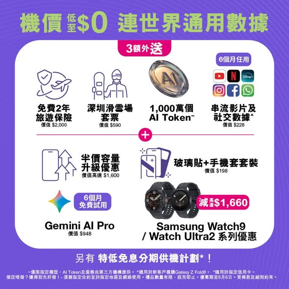 3HK — Samsung Galaxy Z Fold8/Flip8 with $0 device price on selected plans, plus 6 months free streaming, 10M AI Tokens, and half-price storage upgrade.