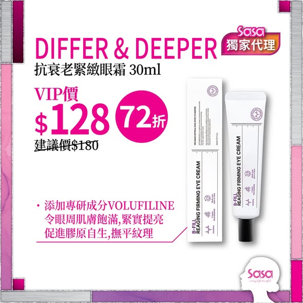 VIP會員限定每週優惠：抗衰老緊緻眼霜HK$128，舒潤修護保濕精華霜2件裝HK$168（建議價HK$228，優惠26%）。