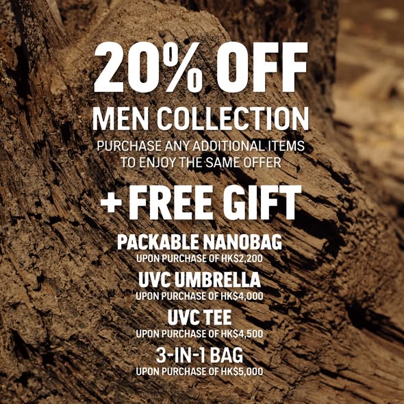 aigle — 20% off all men's items. Free gifts with purchases over HK$2,200.