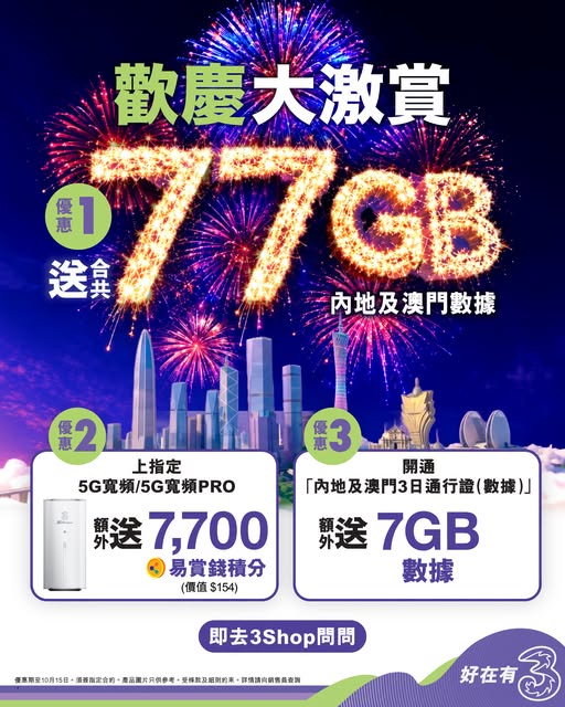 Sign up for designated 5G plans to receive combined 77GB data for mainland China and Macau, plus up to 7,700 MoneyBack points or 7GB bonus data.