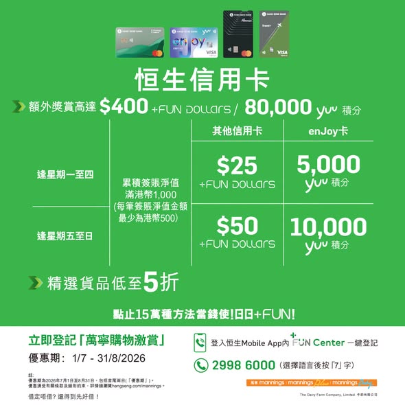 Mannings — Add HK$16.50-20 to exchange for premium health and beauty products. Plus earn up to 10,000 yuu points with Hang Seng credit card purchases.
