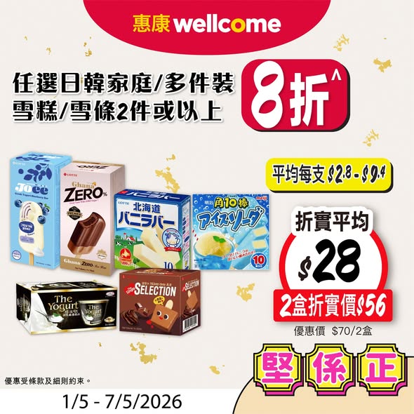 Wellcome — Multiple promotional offers including bundle deals on ice cream (20% off), discounted beverages, and purchase incentives with free items.