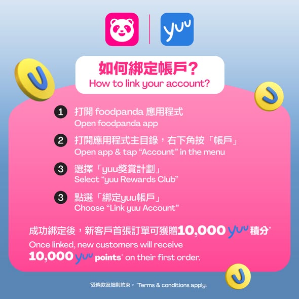 foodpanda — Link your foodpanda account to earn up to 10,000 yuu points on first order, plus 1 point per $1 spent and 5x points at selected stores.